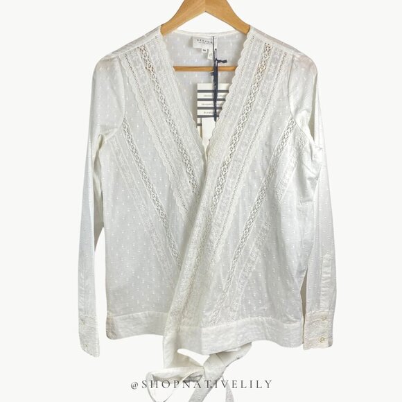 NWT Sézane Alessandra Eyelet Surplice Wrap Long Sleeve Blouse | 38 (6) | White - Picture 2 of 16